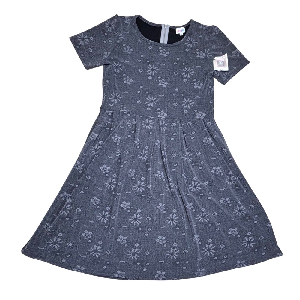 LuLaRoe Amelia Womens Dress Size 2XL Gray Floral Pleated Jacquard Sheen NWT